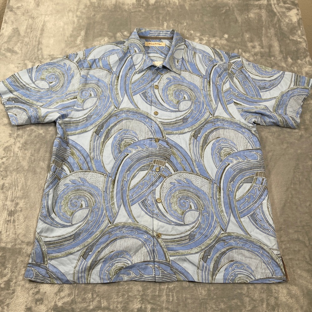 Tommy Bahama Mens Hawaiian‎ Shirt XL Silk Blue Print Short Sleeve Button Down